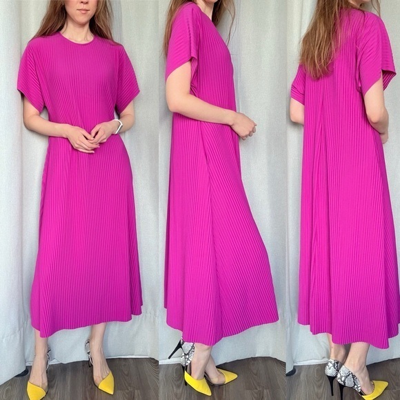 COS NWT Pleated Magenta Purple Short Sleeve Midi Dress S - Picture 1 of 11